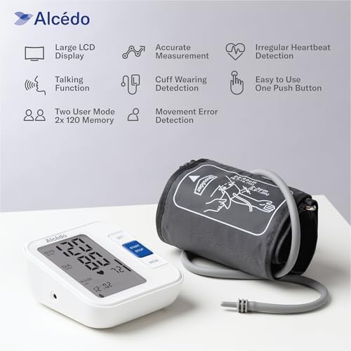 Alcedo Blood Pressure Monitor for Home Use, Automatic Digital BP Machine with Large Cuff for Upper Arm, LCD Screen, 2x120 Memory, Talking Function