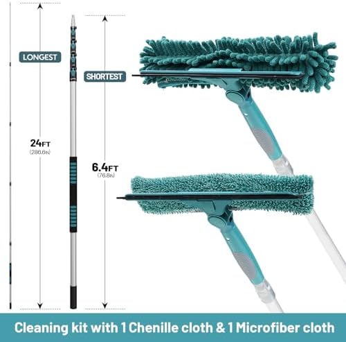 TelesPro 36 Feet High Reach Window Squeegee with 7-30 Ft Extension Pole, Window Cleaner Tool with 5-Stage Telescoping Pole, Window Cleaning Kit with Rotatable Head (2 Squeegee & 2 Microfibre Cloths)