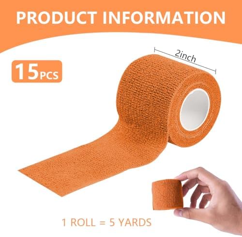KISEER 15 Pack 2 Inch x 5 Yards Orange Self Adhesive Bandage Breathable Cohesive Bandage Wrap Rolls Elastic Self-Adherent Tape for Stretch Athletic, Sports, Wrist, Ankle