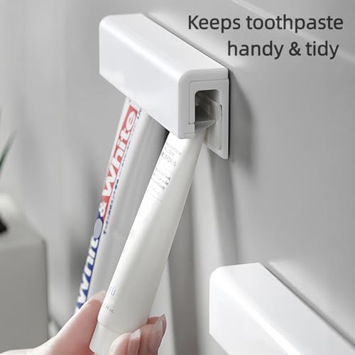 Toothpaste Holder, Cosmetics in Tubes Clips, Tooth Paste Organizers Gripper with 1 Toothpaste Squeezer - Wall Mounted, White, Large