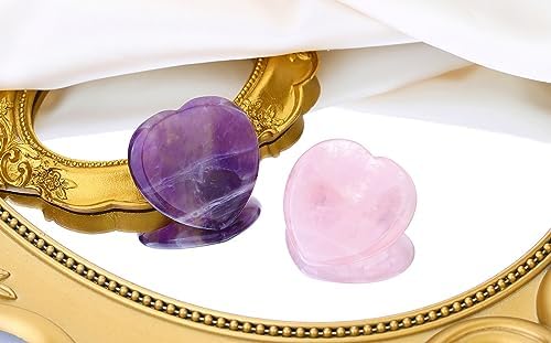 QINJIEJIE 2PCS Rose Quartz Crystals Heart Stones Amethyst Hearts Crystal Worry Stones for Anxiety Thumb Palm Polished Gemstone Pocket Gem Hearts Gifts Valentine's Day Gifts Stocking Stuffers for Women
