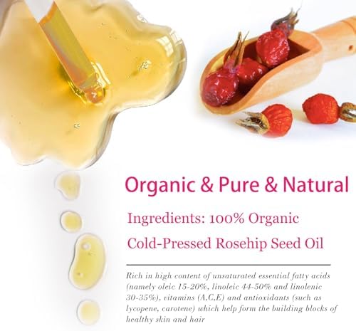 Organic Rosehip Seed Oil for Face, USDA Certified, Cold Pressed, Unrefined, 100% Pure Natural Rose Hip Oil for Anti-Aging, Acne Scar Treatment, Skin & Hair Care, Gua Sha Massage, 1 fl.oz / 30ml