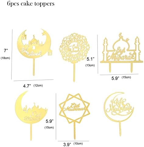 6 PCS Gold Eid Mubarak Cake Topper Ramadan Mubarak Cake Decoration Cake Toppers Ramadan EID Mubarak Cake Toppers for Birthday Party,Muslim Islam Eid Festival Decorations