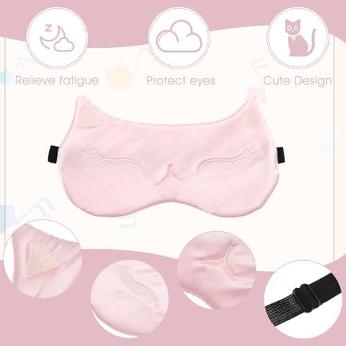 Cute Cat Silk Satin Eye Mask - 3Pcs Women's Blackout Blindfold with Elastic Strap - Travel Eye Mask (3 Colors)