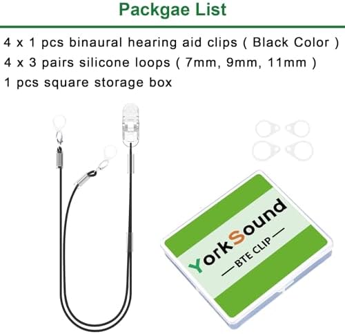 Set of 4 Hearing Aid Clips, Adjustable Hearing Aid Holder String Anti-Lost BTE Clip with Storage Case, Hearing Protection Accessories for Adults & Kids, Binaural, Black