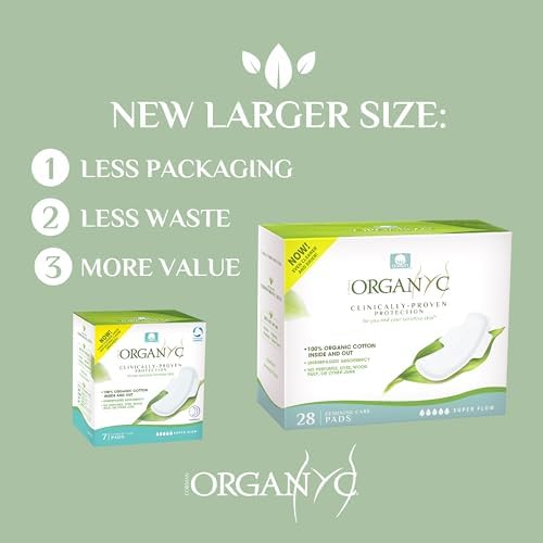 Organyc New and Improved 100% Certified Organic Cotton Inside and Out Overnight Feminine Pads, Heaviest Flow, Super Absorbency, 28 Count