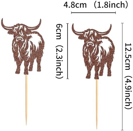 Ercadio 24 Pack Highland Cow Cupcake Toppers Brown Glitter Farm Animals Brown Highland Cattle Cake Picks Gender Reveal Theme Baby Shower Kids Boys Girls Birthday Party Cake Decorations Supplies