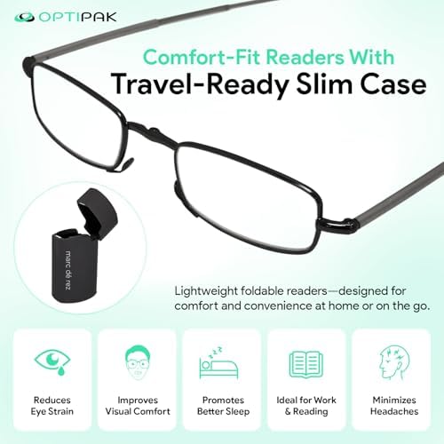Hard Case Folding Reading Glasses – Compact Pocket Size Spring Hinge Readers for Men & Women – Foldable Eyeglasses