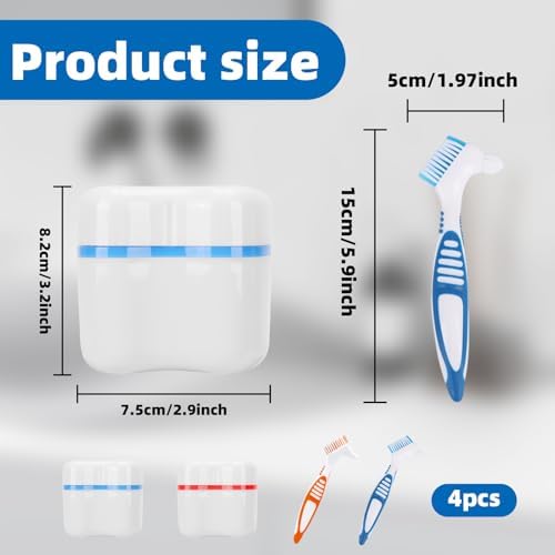 Denture Cleaner Box and Brush Set - 2 Pack Denture Bath Case with Basket + 2 Pack Denture Brush, Portable Denture Retainer Storage Box, False Teeth Brushes for Oral Care (Blue and Red)