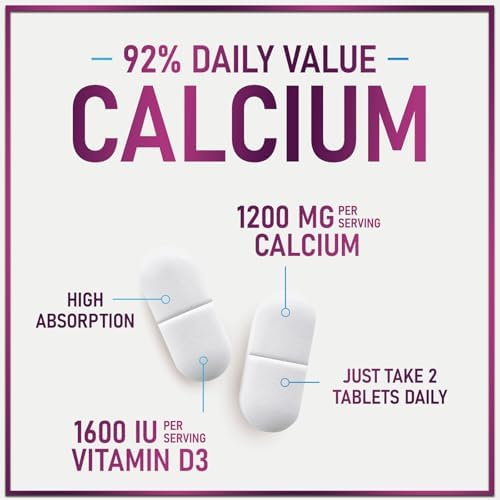 Calcium 1200 mg per Serving with Vitamin D3 - Bone Health Support Supplement, Calcium Supplements for Women & Men - Bone Strength, Teeth, Immune Support, Calcium Carbonate, USA Bottled - 60 Tablets