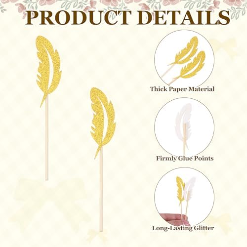 MECCANIXITY 48 Pcs Feather Cupcake Toppers, Glitter Cupcake Picks with Glue Points, Cake Decorations for Wedding Birthday Theme Party Supplies, Golden