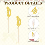 MECCANIXITY 48 Pcs Feather Cupcake Toppers, Glitter Cupcake Picks with Glue Points, Cake Decorations for Wedding Birthday Theme Party Supplies, Golden
