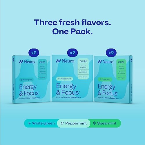Neuro Variety Pack Gum - Energy & Focus Gum (Peppermint, Spearmint, Wintergreen) - Nootropic Supplement with Natural Caffeine + L-Theanine for Brain Health - Sugar Free, Vegan - 54 ct, 6 Pack