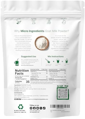 Micro Ingredients Goat Milk Powder, 1 Lb | Grass-Fed Australian Source | Pure, Easily Digested Formula | High in Protein, Calcium & Probiotics | Non-GMO, Gluten-Free, Pet Friendly