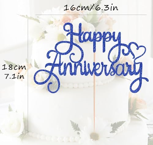 Happy Anniversary Cake Topper - Royal Blue Glitter Happy Anniversary Cake Decorations Supplies - Happy Birthday Cake Bunting Decor, for Photo Booth Props