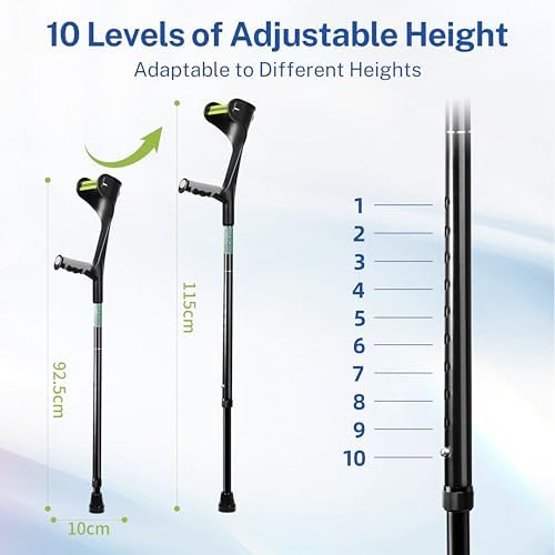 Forearm Crutches for Adults,Open Cuff,Handle with Light Reflector,Foldable and Height-Adjustable Elbow Crutches,High Density Sturdy Aluminum,A Pair, Black