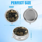 Pill Box, 3 Compartments Small Skull Pill Case Travel Portable Metal Medicine Box with Mirror Mini Container for Purse Pocket Women Men(Bookshelf Cat)
