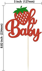 1Pc Strawberry Oh Baby Cake Topper Red Glitter Babyshower Strawberry Cake Pick Decoration for Sweet Fruit Theme Baby Shower Kids Birthday Party Supplies