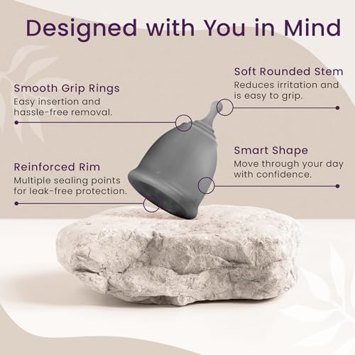 EcoBlossom Reusable Menstrual Cup and Case - The Most Reliable Medical Grade Silicone Period Cups - Comfortably use for 12 Hours (Large (Pack of 2), Gray Cup & Case)