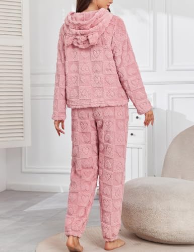 Women's Fleece Pajama Set Hooded Long Sleeve Pjs Ultra-Warm Cozy Winter Sleepwear