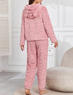 Women's Fleece Pajama Set Hooded Long Sleeve Pjs Ultra-Warm Cozy Winter Sleepwear