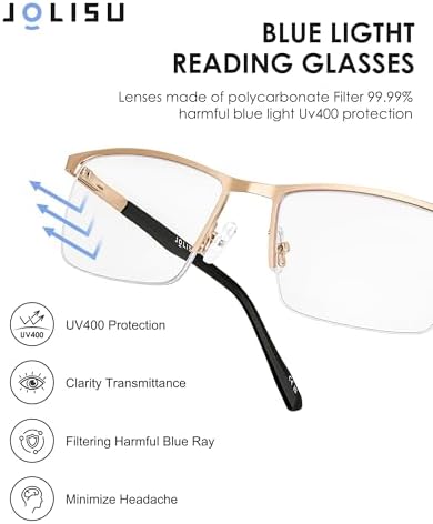 JOLISU 5 Pack Reading Glasses for Men, Blue Light Blocking Computer Metal Readers, Lightweight Half Frame with Spring Hinge