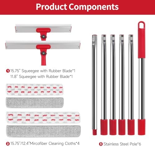86.6" Window Squeegee Cleaner Tool, 2-in-1 Rotatable Window Washing Kit with Extension Pole & Bendable Head, Professional Glass Cleaning Equipment for High Indoor/Outdoor Windows & Car