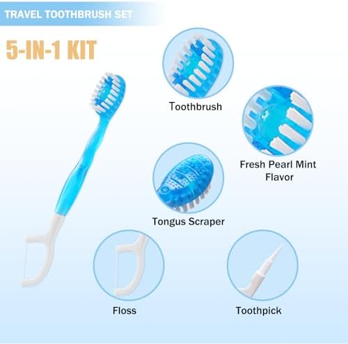 20 Individually Packaged Disposable Travel Toothbrushes with Fresh Beads, 5-in-1 Convenient Mini Disposable Toothbrush (Toothbrush + Fresh Beads + Tongue Scraper + Dental Floss + Pick)