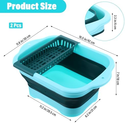 Kifmurase 2PCS 2.91 Gallon(11L) Collapsible Dish Basin with Drain Plug, Multiuse Portable Bucket with Sink for Kitchen, RV, Outdoor Camping, Space Saving Foldable Storage Tray Sink Tub Dishpan