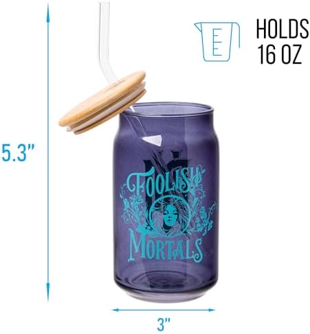 Silver Buffalo Disney Haunted Mansion “Foolish Mortals” Featuring Madame Leota Glass Jar Tumbler with Bamboo Lid and Glass Straw, 16 Ounces