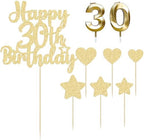 Gyufise 15Pcs Happy 30th Birthday Cake Topper Set with Heart Star Glitter Cheers to 30 Years Cake Picks Number 30 Candles Cake Decorations for Happy 30th Birthday Anniversary Party Supplies Gold