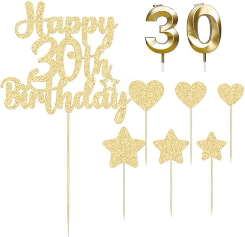 Gyufise 15Pcs Happy 30th Birthday Cake Topper Set with Heart Star Glitter Cheers to 30 Years Cake Picks Number 30 Candles Cake Decorations for Happy 30th Birthday Anniversary Party Supplies Gold