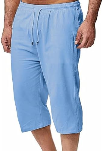 Mens Linen Shorts Capri Pants Baggy Drawstring Elastic Waist Beach Summer Cotton Athletic Shorts