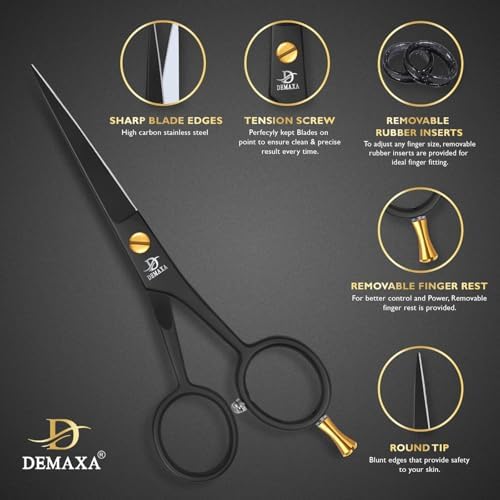 DEMAXA 5" Professional Beard Scissors for men Mustache Scissors with 1 Mustache Comb, 1 Beard Comb & Soft Pouch – Prefect Beard shears mustache kit for All Facial Hair – moustache Grooming kit for Men