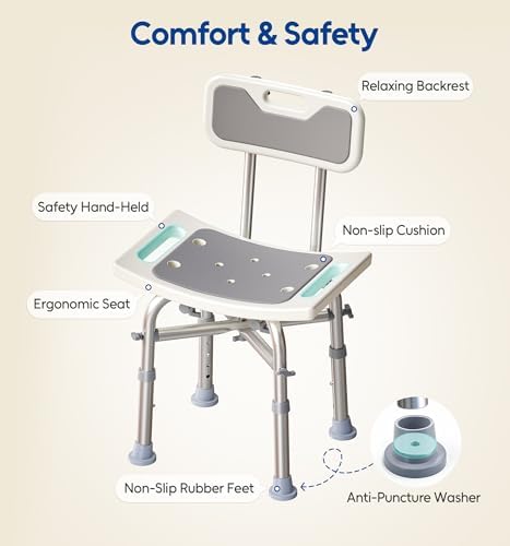 Bluelog Shower Chair with Back for Elderly and Disabled, Shower Seat Bench Stool, Adjustable Height, 350 lbs Capacity, Rectangular