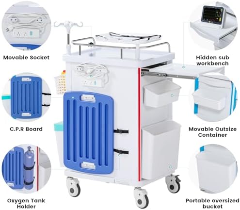 Medical Cart, Rolling Medication Carts with Silent Wheels, Adjustable IV Pole, Trash Bin & O2 Holder, Needle Disposal Holder - Ideal Nursing Trolley for Clinics, Hospitals, Salon