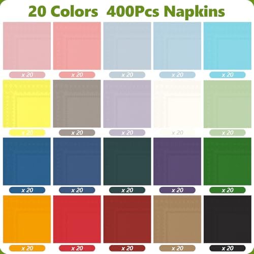 400 Pack Cocktail Napkin - 20 Pack × 20 Colors - Unfolded 10 x 10 Inch Disposable Napkin Paper for Cocktail Napkins, for Wedding, Birthday Party Dessert Wine Paper Napkins