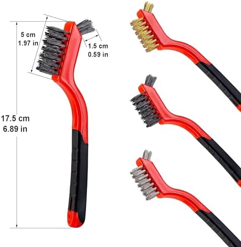 YiwerDer 6Pcs Mini Wire Brush Set, Stainless Steel/Brass/Nylon Bristles Wire Brushes, Curved Handle Soft Grip for Rust, Dirt & Paint Scrubbing with Deep Cleaning – 7 Inches (Red)