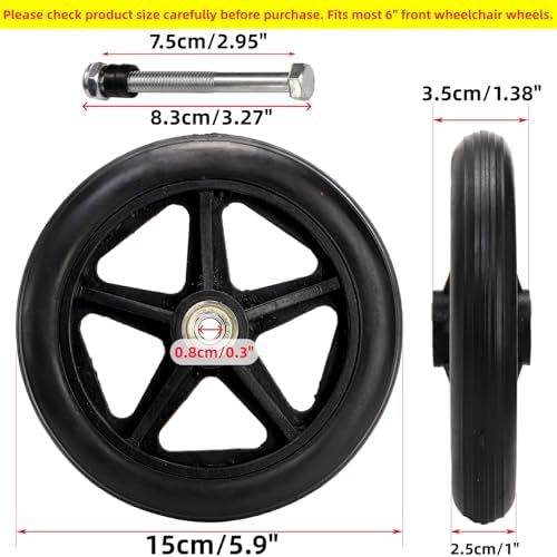 Covzoe 4 Pack 6 Inch Wheelchair Wheels Replacement, Anti Slip Solid Walker Wheels with 4 Axles, Heavy Duty Caster Roller Wheel Wheelchair Front Wheel Accessories, Safe Rolling for Most Floors, Black