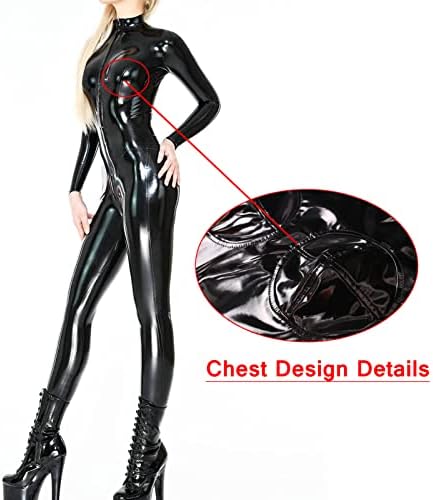 Women's Sexy Shiny PVC Leather Cat Suit Front with Zipper Bodysuit Wet Look Jumpsuit Clubwear