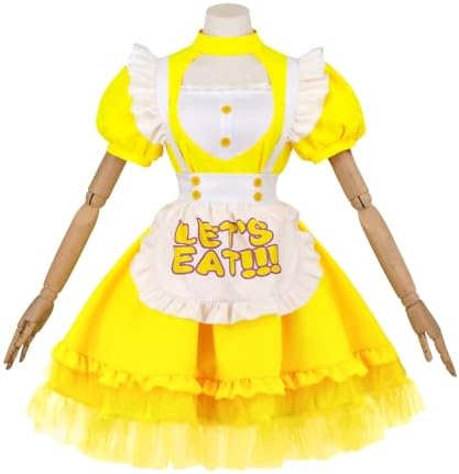 Womens Yellow Maid Apron Lolita Fancy Dress Uniform Outfits with Bracelets for Halloween
