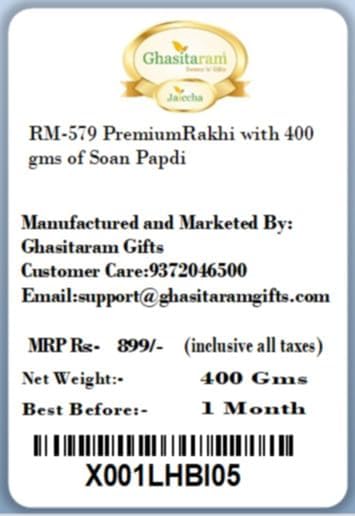 Ghasitaram Gifts Rakhi for Brother Rakhis Online - RM-579 PremiumRakhi with 400 GMS of Soan Papdi