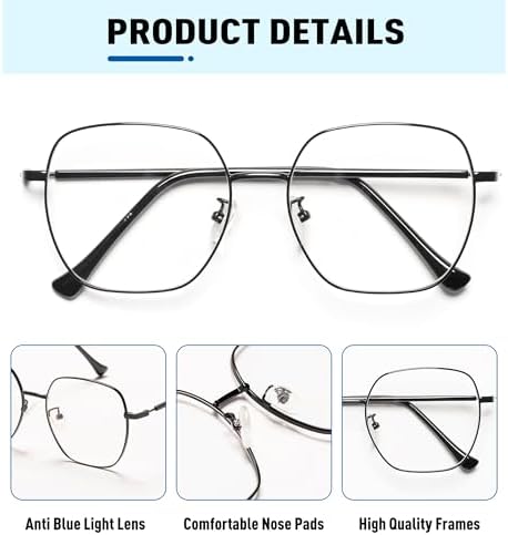 Oversized Square Reading Glasses Women, Large Blue Light Blocking Readers, Fashion Metal Anti Eyestrain Eyeglasses