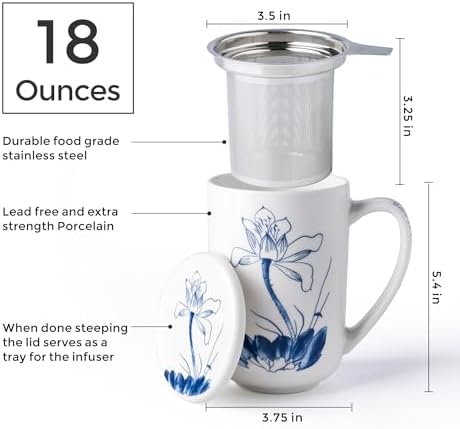 AmorArc Porcelain Tea Mug with Infuser and Lids, 18 Oz Large Cup Strainer with Bag Holder for Loose Leaf Tea, Steeping Coffee Mug for House-warming Wedding Birthday Gift