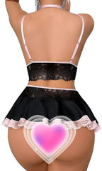 Foxiny Sexy Stocking Mini Skirt Wireless Mesh Lace Garter Lingerie with Thong Set 4 Pieces