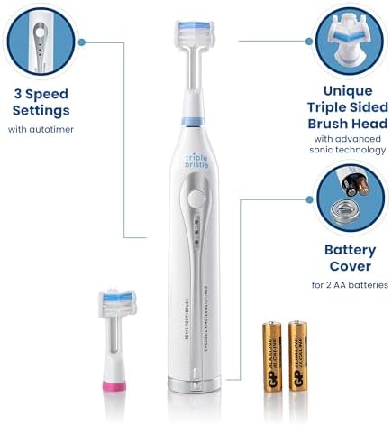 Triple Bristle GO 3-Sided Sonic Electric Toothbrush with Soft Nylon Bristles, Travel Brush for Kids, Adults, Autism and Special Needs