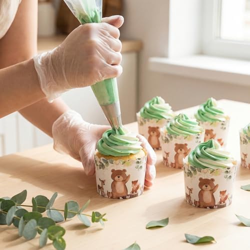 Potchen 100 Pcs Woodland Cupcake Liners Baby Shower Decorations Paper Forest Animal Baking Cups Decorative Jungle Cupcake Wrappers Holders for Birthday Baby Shower Party Supplies