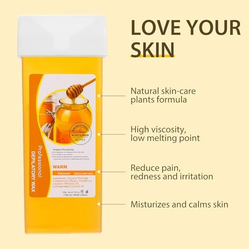 Roll on Wax Refill Kit: 4 Honey Wax Roller Refill & 10 Cleaning Wipes - Hair Removal Cartridge for Body Leg Arm (100g/3.53oz, 4 Pack)
