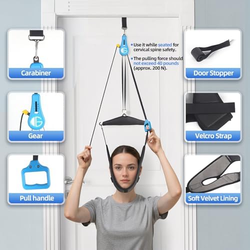 glitz Upgraded Neck Stretcher & Cervical Traction Device with Ratchet System – 50-200N Adjustable Over-Door Traction for Pain Relief & Spinal Decompression, Force-Limited Easy-Release Pull Cord