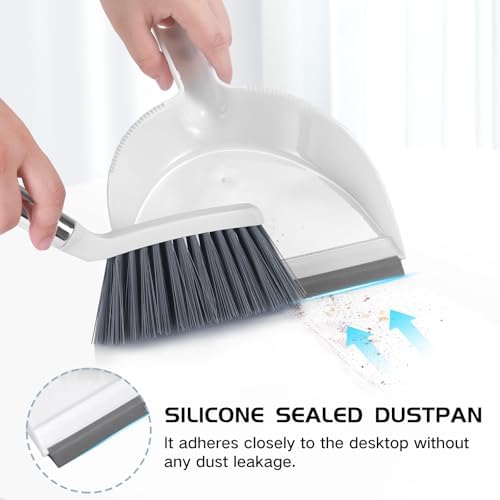 NACENA Mini Broom and Dustpan Set, Small Dust Pan and Brush Set with Handle Dustpan Teeth for Cleaning Hair Suitable for Office Desks Drawers Sofas Outdoor Camping, White & Gray
